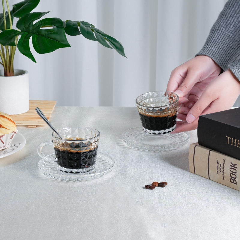 GURUDAR Glass Espresso Shot Cups with Saucers Set of 6, Clear Small Demitasse Cup with Stainless Steel Spoons, Dishwasher Safe Coffee Mugs for Tea Hot Chocolate Cappuccino, 5OZ/150ML, Diamond - Image 4