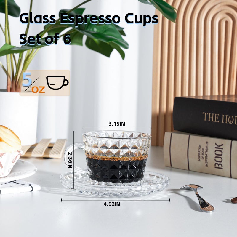 GURUDAR Glass Espresso Shot Cups with Saucers Set of 6, Clear Small Demitasse Cup with Stainless Steel Spoons, Dishwasher Safe Coffee Mugs for Tea Hot Chocolate Cappuccino, 5OZ/150ML, Diamond - Image 2