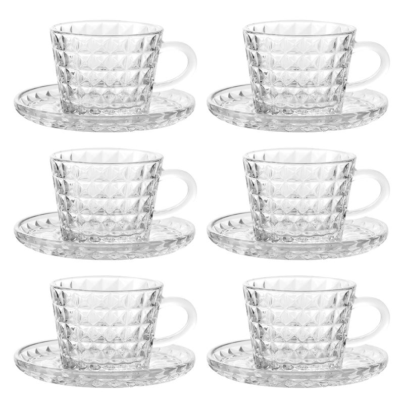 GURUDAR Glass Espresso Shot Cups with Saucers Set of 6, Clear Small Demitasse Cup with Stainless Steel Spoons, Dishwasher Safe Coffee Mugs for Tea Hot Chocolate Cappuccino, 5OZ/150ML, Diamond - Image 1