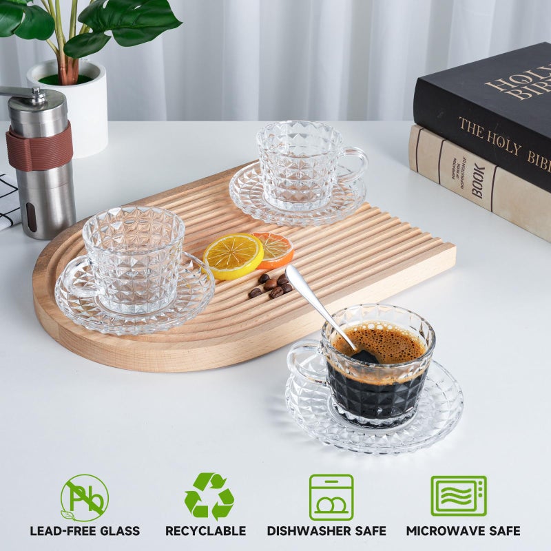 GURUDAR Glass Espresso Shot Cups with Saucers Set of 6, Clear Small Demitasse Cup with Stainless Steel Spoons, Dishwasher Safe Coffee Mugs for Tea Hot Chocolate Cappuccino, 5OZ/150ML, Diamond - Image 3
