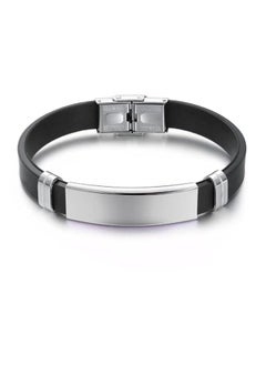 MARIO DRAFTS Men's Stainless Steel ID Bracelet, Black Silicone Band with Silver Plate, Modern Design  - Image 2