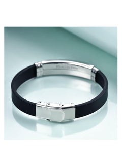 MARIO DRAFTS Men's Stainless Steel ID Bracelet, Black Silicone Band with Silver Plate, Modern Design  - Image 5
