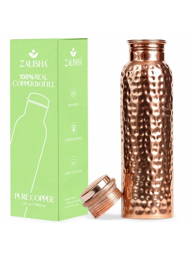 Zalisha ZALISHA® Pure Copper Premium Hammered Water Bottle 950ml | Handcrafted Hammered Premium Finish | Stylish Bottle for Home, Office & Travel (Pack of 1)