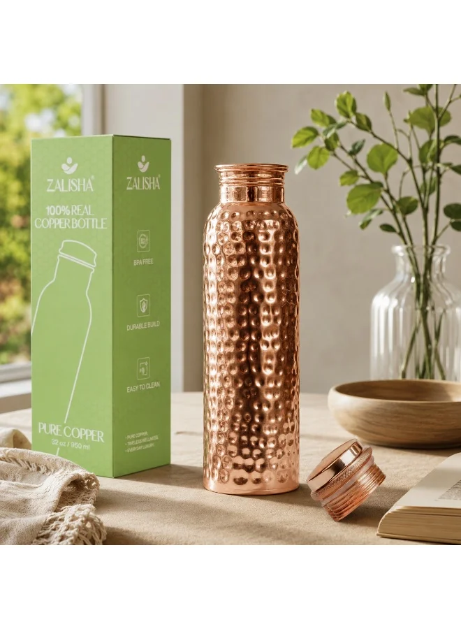 Zalisha ZALISHA® Pure Copper Premium Hammered Water Bottle 950ml | Handcrafted Hammered Premium Finish | Stylish Bottle for Home, Office & Travel (Pack of 1)