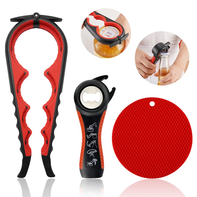 HUMANFUN Jar Opener for Weak Hands, Seniors with Arthritis, 5 in 1 Multi Function Bottle Opener Lid Opener For Arthritic Hands with Non Slip Rubber Jar opener Gripper Pad(red) - Image 1