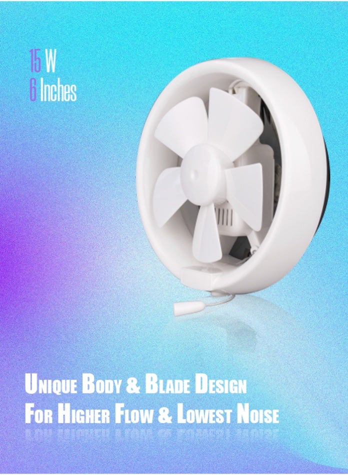 MODI Round Connection 6 Inch Ventilation Fan 15W Powerful Exhaust FanQuiet Air Suction for Bathroom, Kitchen & Toilet High Airflow 210 m³/h Durable ABS Body, Easy Wall/Ceiling Mount - Image 1