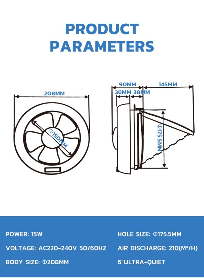 MODI Round Connection 6 Inch Ventilation Fan 15W Powerful Exhaust FanQuiet Air Suction for Bathroom, Kitchen & Toilet High Airflow 210 m³/h Durable ABS Body, Easy Wall/Ceiling Mount - Image 2