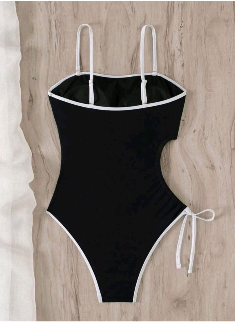Shein - SHEIN Swim Chicsea Black & White Contrast Color Hollow Out High-Cut One-Piece Swimsuit For Women Summer - Image 1