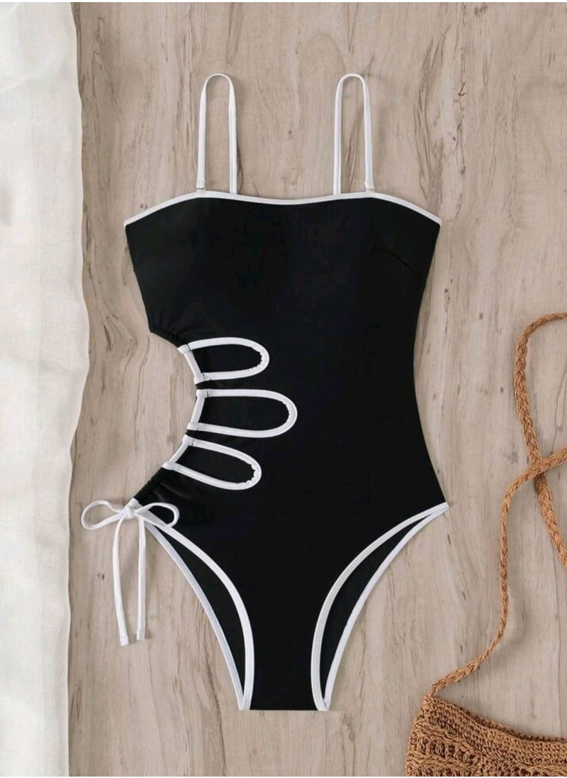 Shein - SHEIN Swim Chicsea Black & White Contrast Color Hollow Out High-Cut One-Piece Swimsuit For Women Summer - Image 1