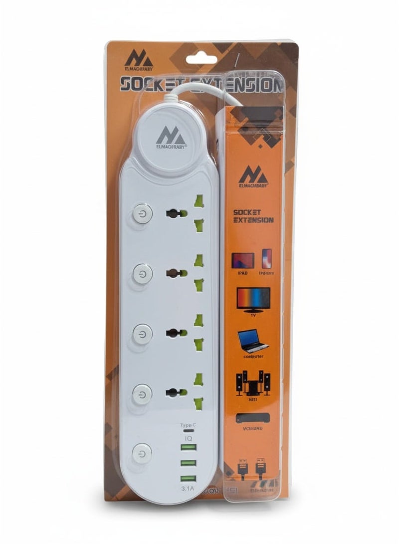ELMAGHRABY Multi Socket Power Strip , with 4 Universal Outlets, 3 USB Ports & Type-C Port , Fast & Safe Charging Extension with Overload Protection, Fire-Resistant Design, Independent Switches and Smart Chip for Home & Office Use - Image 3