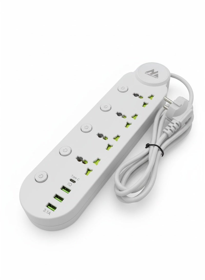 ELMAGHRABY Multi Socket Power Strip , with 4 Universal Outlets, 3 USB Ports & Type-C Port , Fast & Safe Charging Extension with Overload Protection, Fire-Resistant Design, Independent Switches and Smart Chip for Home & Office Use - Image 2