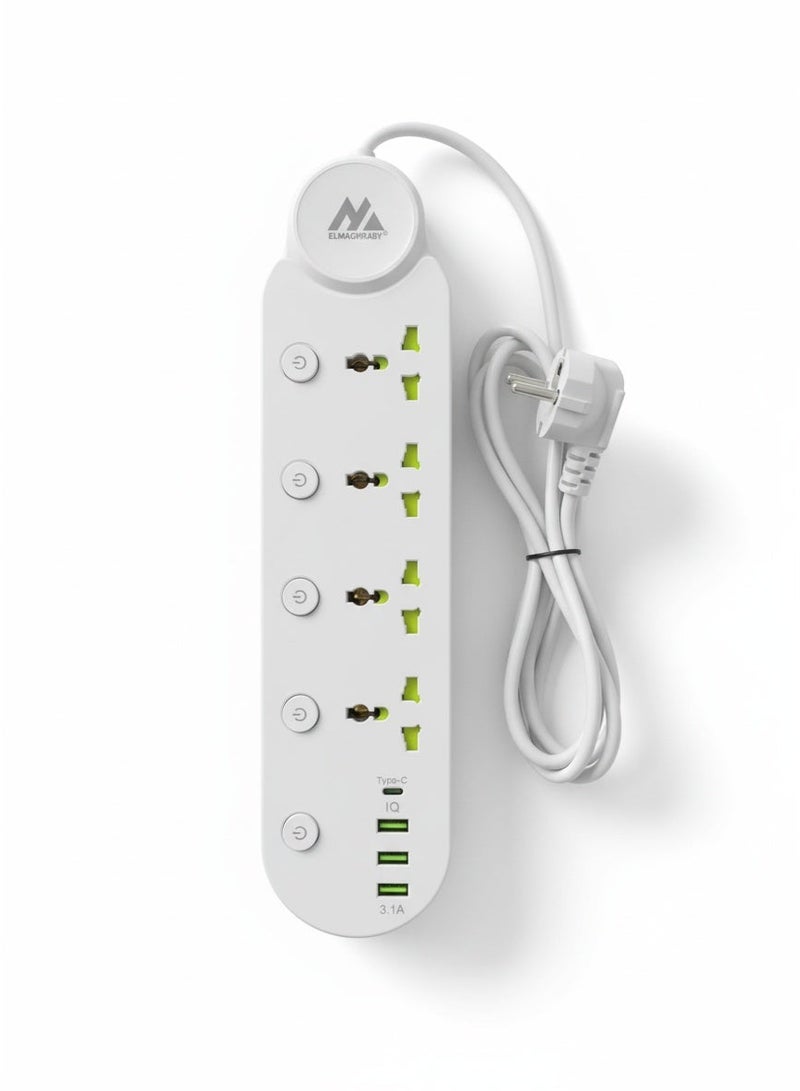 ELMAGHRABY Multi Socket Power Strip , with 4 Universal Outlets, 3 USB Ports & Type-C Port , Fast & Safe Charging Extension with Overload Protection, Fire-Resistant Design, Independent Switches and Smart Chip for Home & Office Use - Image 1