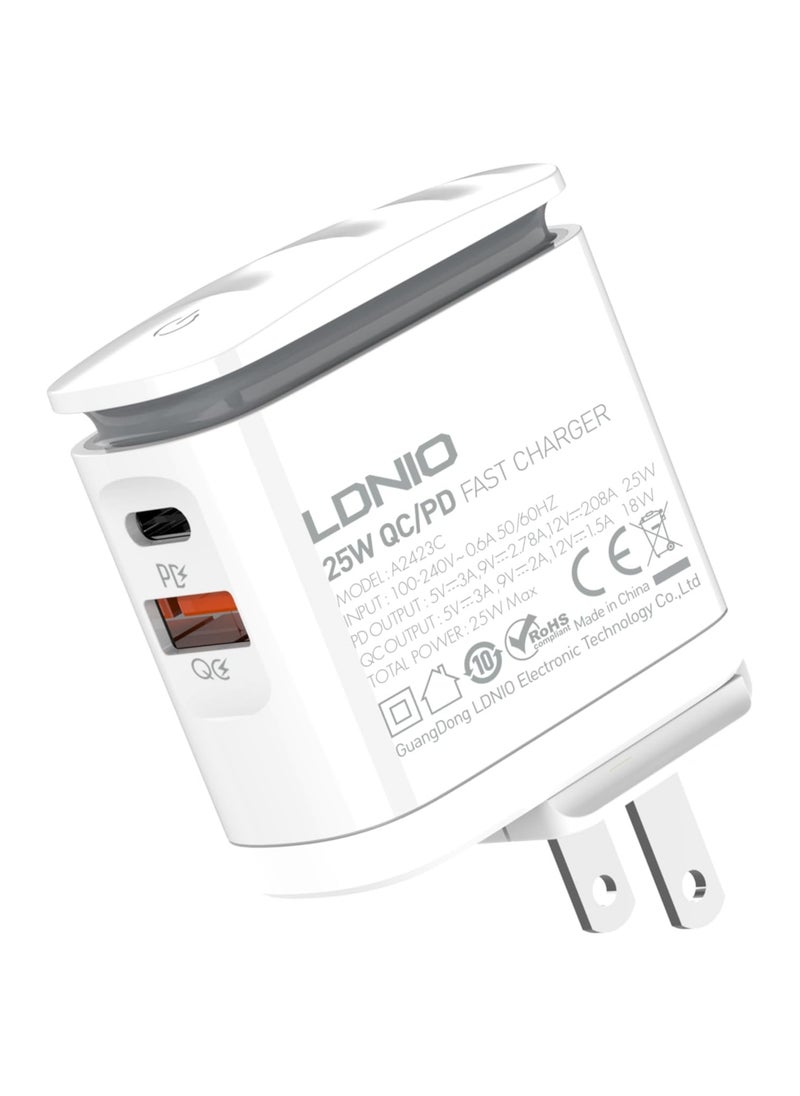 إل دينو - LDNIO A2423C شاحن حائط سريع بقابس أوروبي مع كابل Lightning ومصباح LED ليلي 25 وات - أبيض - Image 1