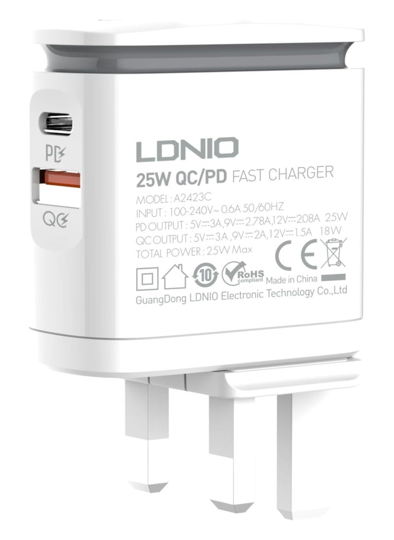 إل دينو - LDNIO A2423C شاحن حائط سريع بقابس أوروبي مع كابل Lightning ومصباح LED ليلي 25 وات - أبيض - Image 1