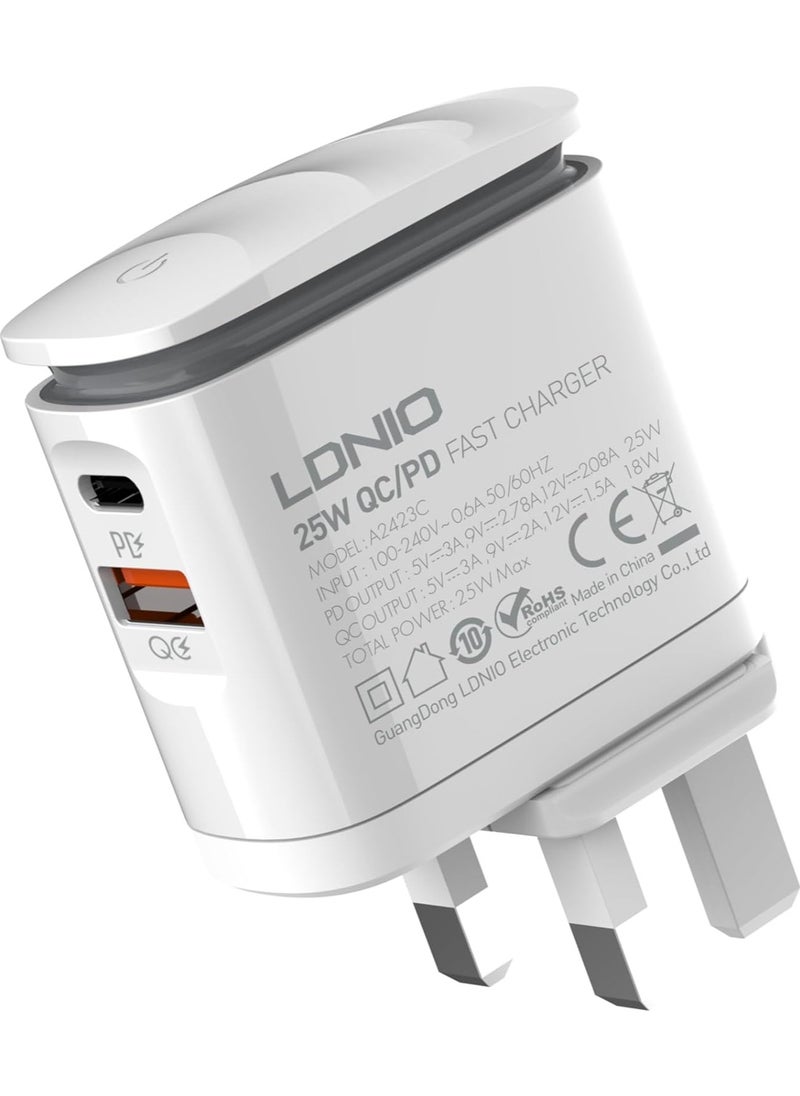 إل دينو - LDNIO A2423C شاحن حائط سريع بقابس أوروبي مع كابل Lightning ومصباح LED ليلي 25 وات - أبيض - Image 1