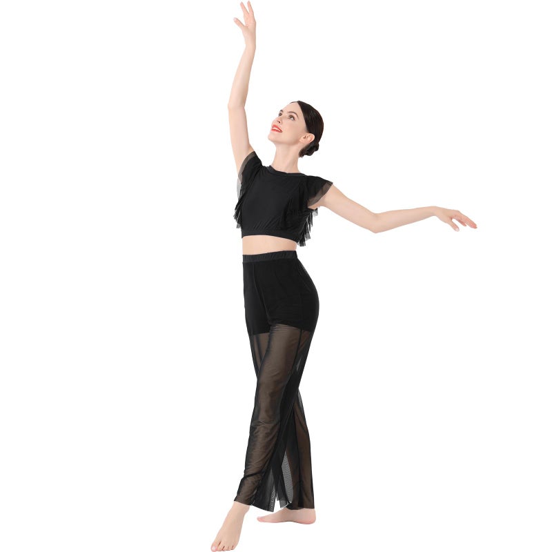 ODASDO Lyrical Dance Costumes for Women Modern Contemporary Ballet Dancewear Two Piece Outfit Criss Cross Tank Crop Tops Mesh Tulle Wide Leg Bottom Pants Leotards Jazz Modern Dance Solo Set Black S - Image 2
