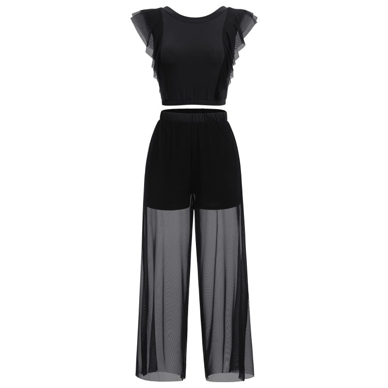ODASDO Lyrical Dance Costumes for Women Modern Contemporary Ballet Dancewear Two Piece Outfit Criss Cross Tank Crop Tops Mesh Tulle Wide Leg Bottom Pants Leotards Jazz Modern Dance Solo Set Black S - Image 4