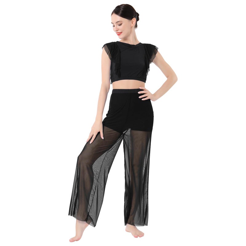 ODASDO Lyrical Dance Costumes for Women Modern Contemporary Ballet Dancewear Two Piece Outfit Criss Cross Tank Crop Tops Mesh Tulle Wide Leg Bottom Pants Leotards Jazz Modern Dance Solo Set Black S - Image 1