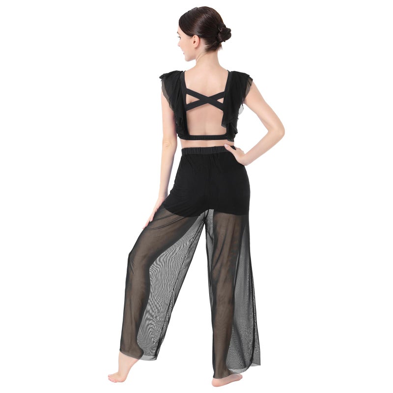 ODASDO Lyrical Dance Costumes for Women Modern Contemporary Ballet Dancewear Two Piece Outfit Criss Cross Tank Crop Tops Mesh Tulle Wide Leg Bottom Pants Leotards Jazz Modern Dance Solo Set Black S - Image 3