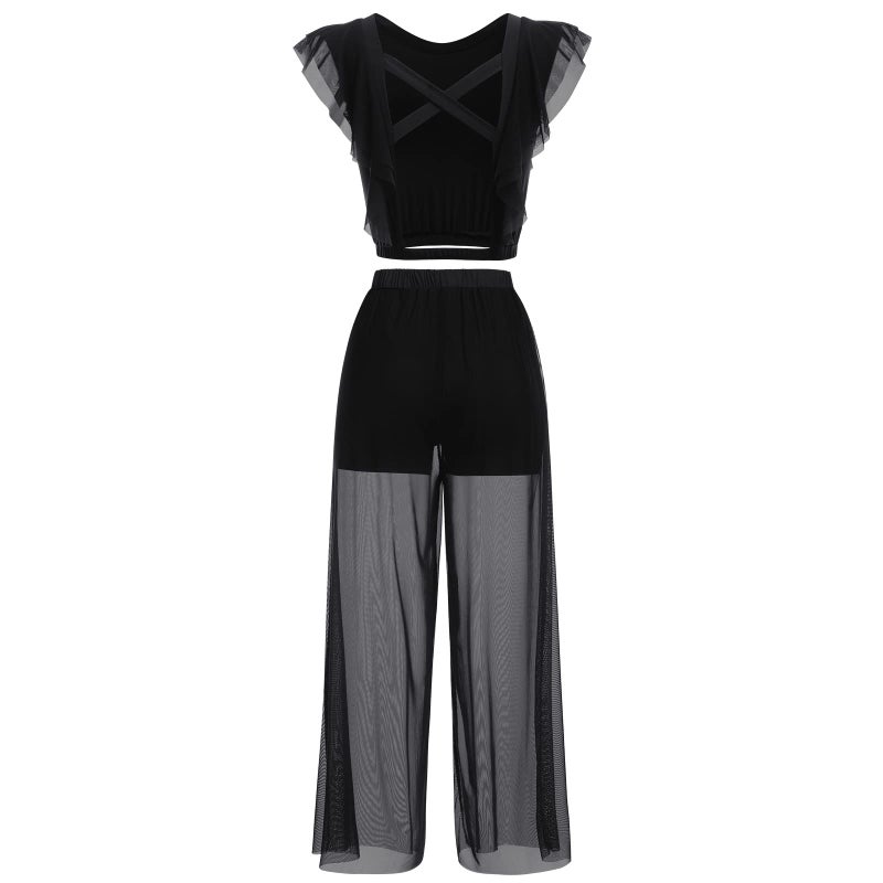 ODASDO Lyrical Dance Costumes for Women Modern Contemporary Ballet Dancewear Two Piece Outfit Criss Cross Tank Crop Tops Mesh Tulle Wide Leg Bottom Pants Leotards Jazz Modern Dance Solo Set Black S - Image 5