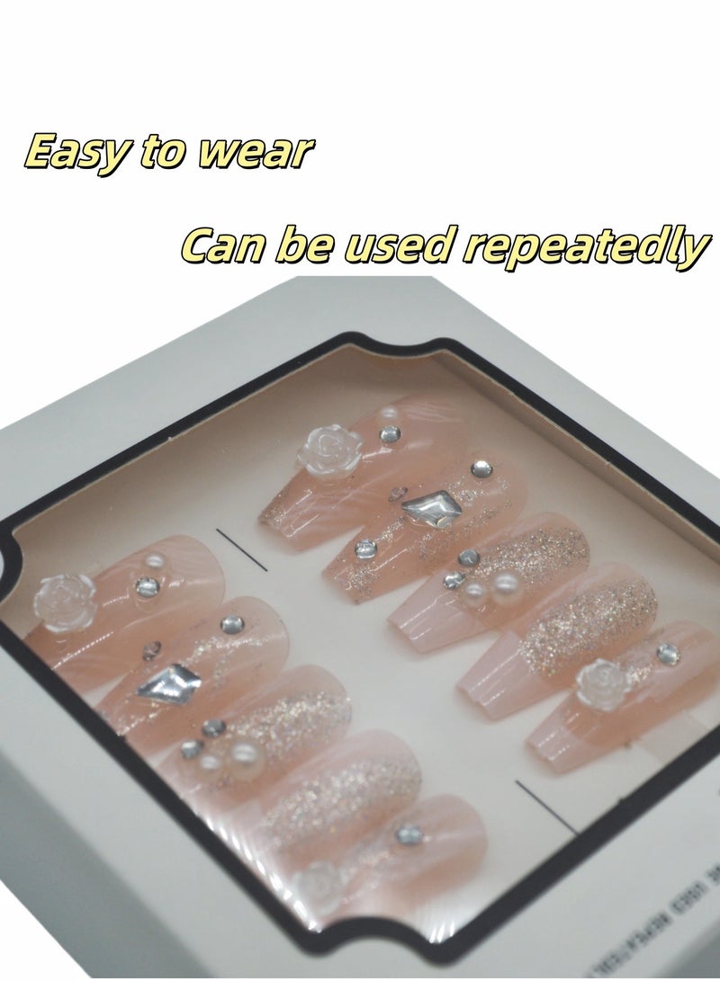 French Summer Press-on Nails 24Pcs: White Rose Glitter Artificial Nails - Elegant Crystal Design. Safe Removal at Home with Full Kit - Image 2