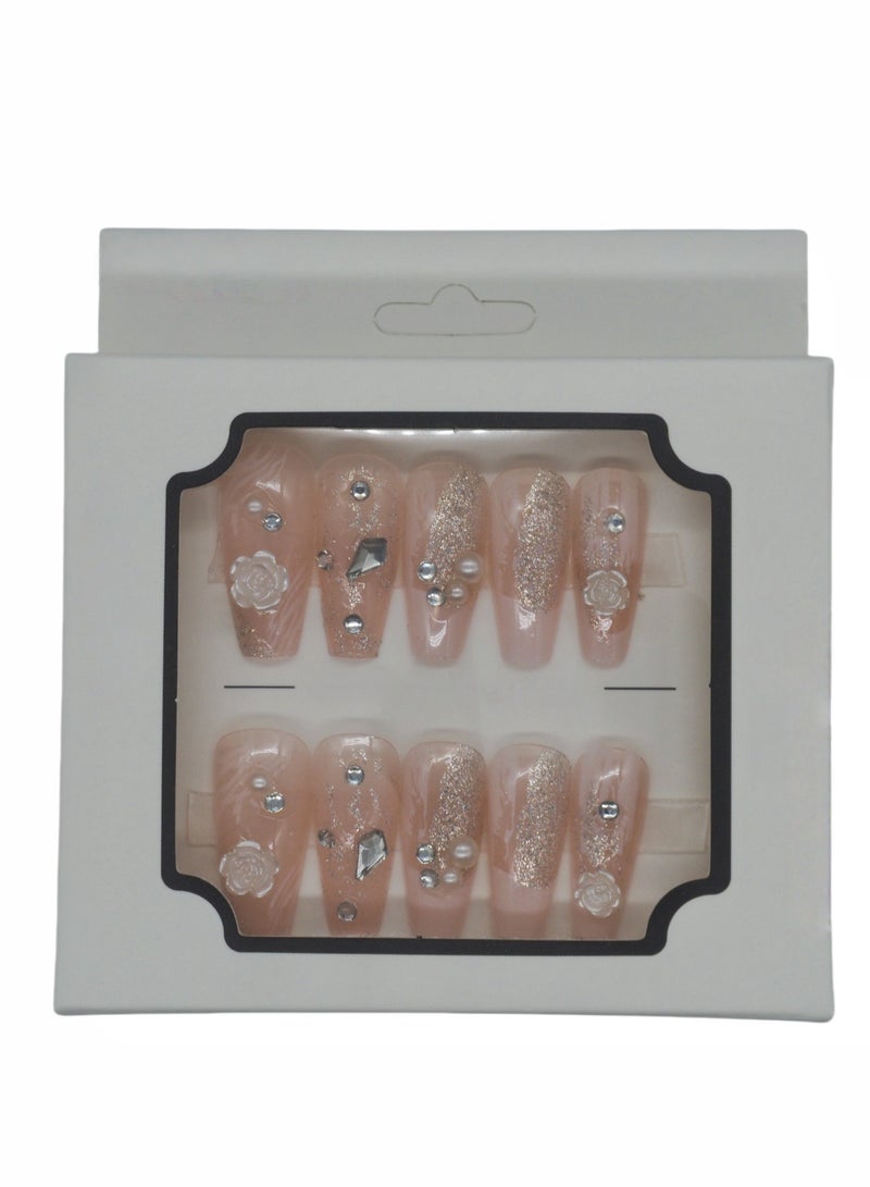 French Summer Press-on Nails 24Pcs: White Rose Glitter Artificial Nails - Elegant Crystal Design. Safe Removal at Home with Full Kit - Image 1