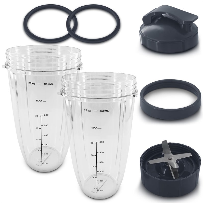 KETAR Bullet Blender Cups 32 oz - Blender Cup Replacement 7 Pieces Set Compatible with 600W and Pro 900W High-Speed Systems - Stainless Steel Extractor Blade for Mixing, Smoothies, Juicing, and More - Image 1