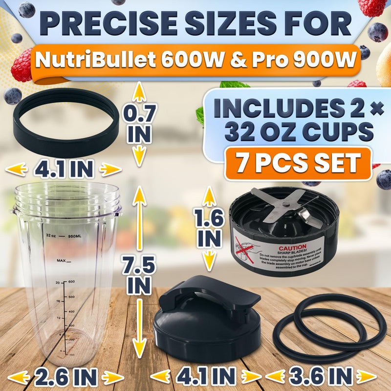 KETAR Bullet Blender Cups 32 oz - Blender Cup Replacement 7 Pieces Set Compatible with 600W and Pro 900W High-Speed Systems - Stainless Steel Extractor Blade for Mixing, Smoothies, Juicing, and More - Image 5