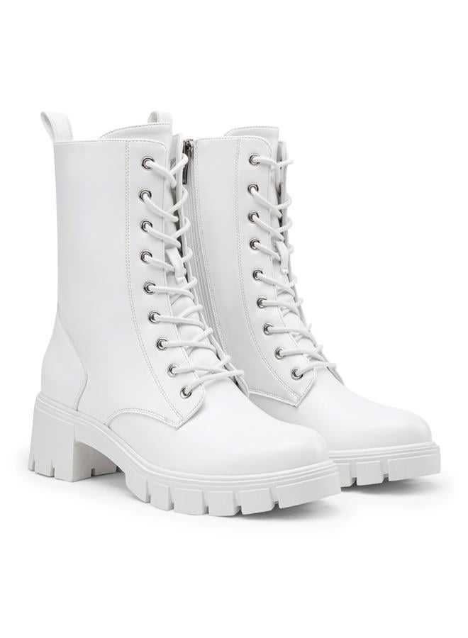 Vepose Women's Mid Calf Combat Boots Lace-up Elastic Chunky Platform Boot with Side Zipper, All White-combat Boots-9650a, 8 - Image 5