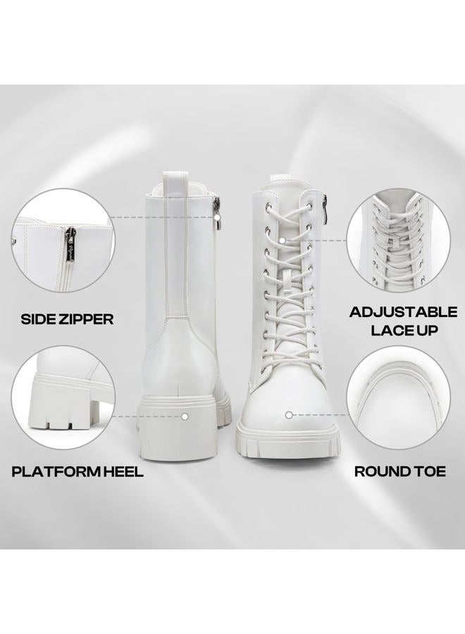 Vepose Women's Mid Calf Combat Boots Lace-up Elastic Chunky Platform Boot with Side Zipper, All White-combat Boots-9650a, 8 - Image 4