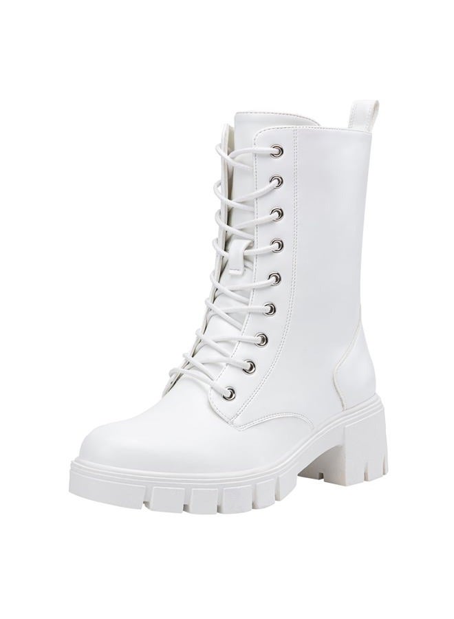 Vepose Women's Mid Calf Combat Boots Lace-up Elastic Chunky Platform Boot with Side Zipper, All White-combat Boots-9650a, 8 - Image 1