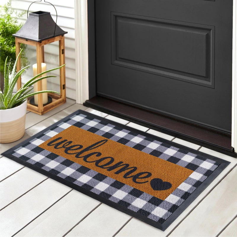ubdyo Welcome Mat for Front Door Outside  Dirt Trapping Doormat Outdoor Entrance  Low Profile Welcome Matt Outdoor  Rubber Backing Anti Slip Door Mat  Regular 30 x17 Checkered