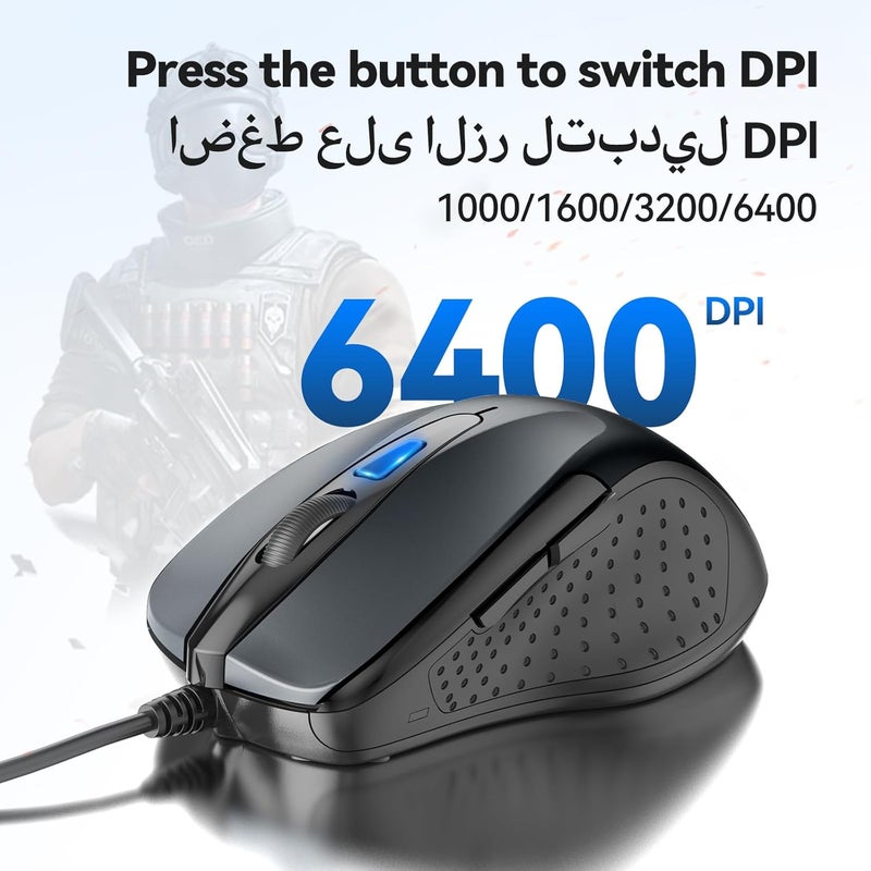 TECKNET USB Wired Mouse, 6400 DPI Mice 4 Adjustable DPI with 6-Button Corded, Optical Computer Mouse with Ergonomic Design for Laptop, Chromebook, PC, Desktop, Mac, Notebook,Gray-Black - Image 2