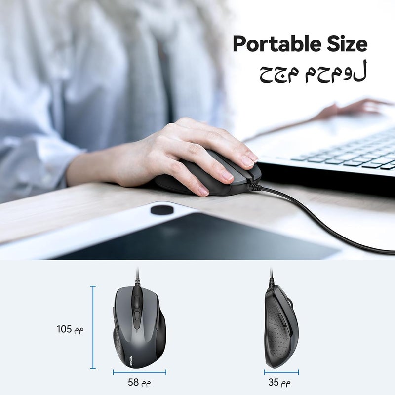 TECKNET USB Wired Mouse, 6400 DPI Mice 4 Adjustable DPI with 6-Button Corded, Optical Computer Mouse with Ergonomic Design for Laptop, Chromebook, PC, Desktop, Mac, Notebook,Gray-Black - Image 3