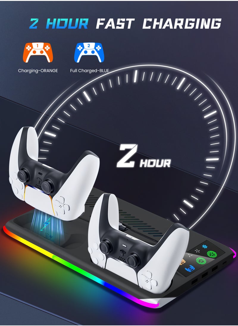 PS5 Stand and Cooling Station with Dual Controller Charging Station, Including Controller Charger, Cooling Fan, RGB LED and USB Hub (Fit for PS5/PS5 slim/PS5 Pro Version) Black