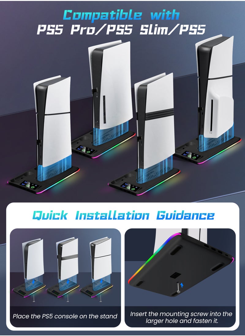 PS5 Stand and Cooling Station with Dual Controller Charging Station, Including Controller Charger, Cooling Fan, RGB LED and USB Hub (Fit for PS5/PS5 slim/PS5 Pro Version) Black