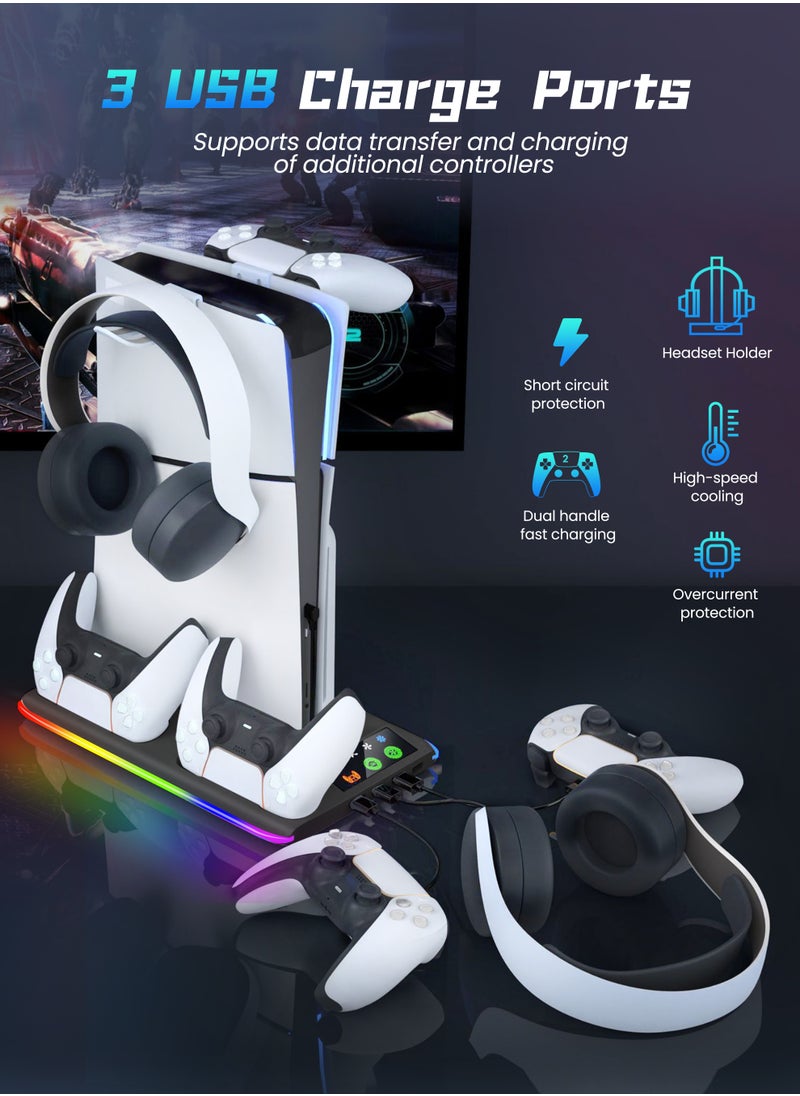 PS5 Stand and Cooling Station with Dual Controller Charging Station, Including Controller Charger, Cooling Fan, RGB LED and USB Hub (Fit for PS5/PS5 slim/PS5 Pro Version) Black