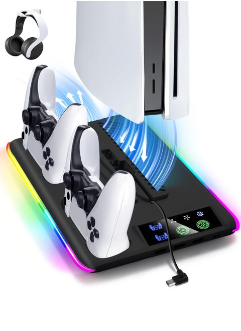 PS5 Stand and Cooling Station with Dual Controller Charging Station, Including Controller Charger, Cooling Fan, RGB LED and USB Hub (Fit for PS5/PS5 slim/PS5 Pro Version) Black