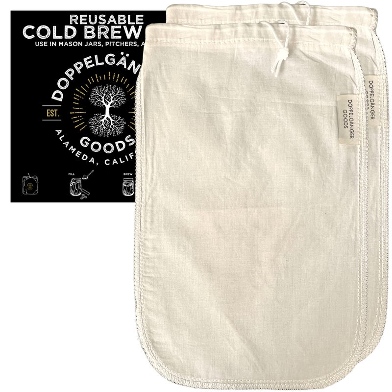 Doppeltree (2-Pack, Medium 8in x 12in) Organic Cotton Cold Brew Coffee Bag - Designed in California - Reusable Coffee Filter with EasyOpen Drawstring Cold Brew Maker for Pitchers, Mason Jars, & Toddy Systems - Image 1