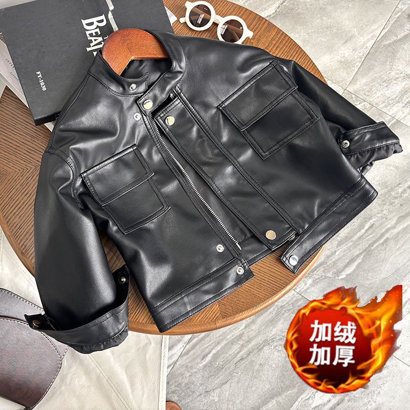 Korean Style Children'S Wear Thickened Fleece-Lined Jacket Korean Style Children'S Handsome Leather Jacket Western Style Boys' Baby Biker Jacket - Image 3