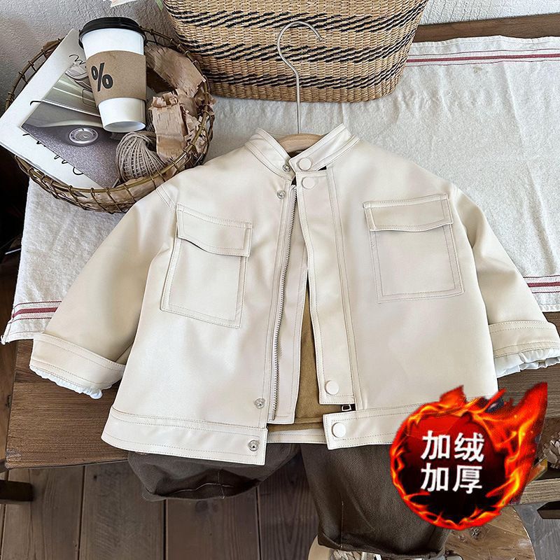 Korean Style Children'S Wear Thickened Fleece-Lined Jacket Korean Style Children'S Handsome Leather Jacket Western Style Boys' Baby Biker Jacket - Image 2