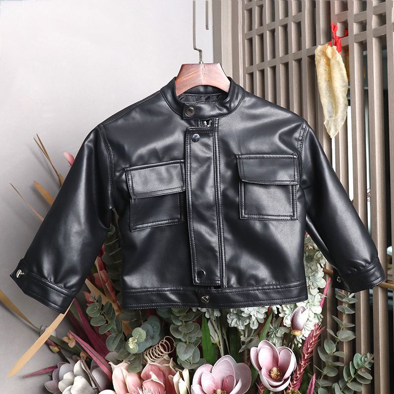 Korean Style Children'S Wear Thickened Fleece-Lined Jacket Korean Style Children'S Handsome Leather Jacket Western Style Boys' Baby Biker Jacket - Image 1