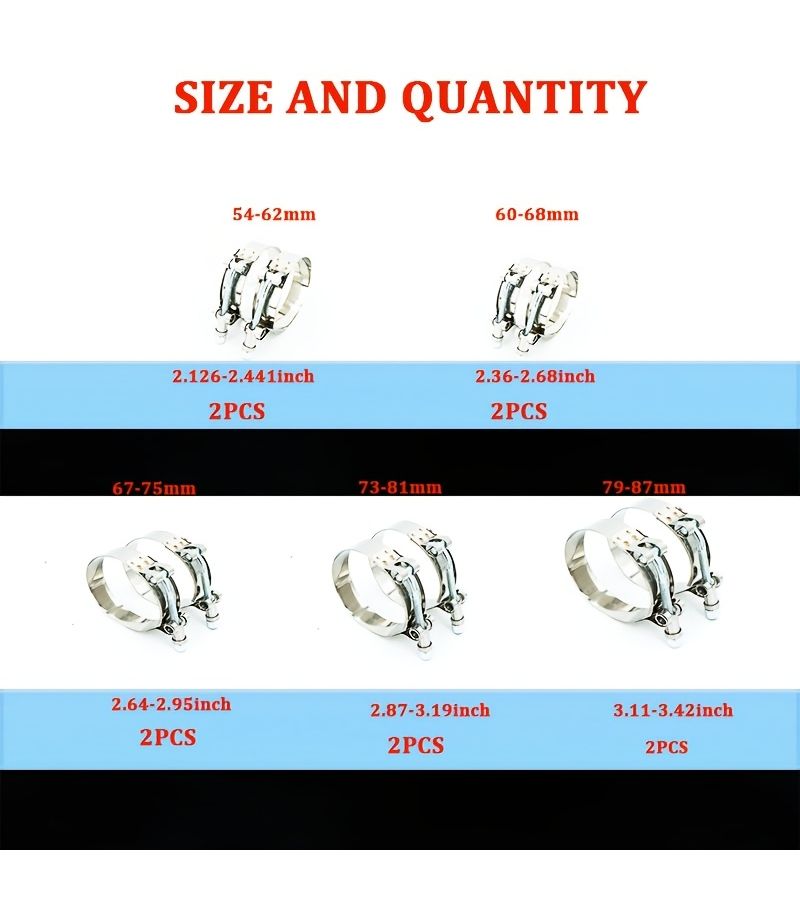 304 Stainless Steel T Bolt Hose Clamps 54 62mm 2 Pcs Radiator Pipe Kit - Image 2