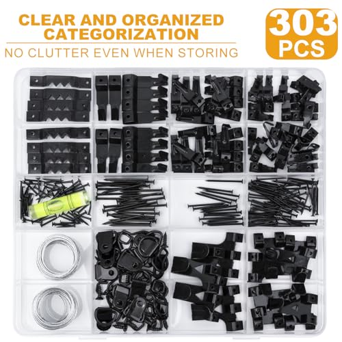 KURUI 303Pcs Picture Hangers for Wall Art Decor Tapestry, Picture Hanging Kit With Heavy Duty Wall Hooks, Sawtooth, Picture Wire, D Rings, Hardware Nails, Eye Hooks, Black Frame Hooks for Drywall Wood - Image 2