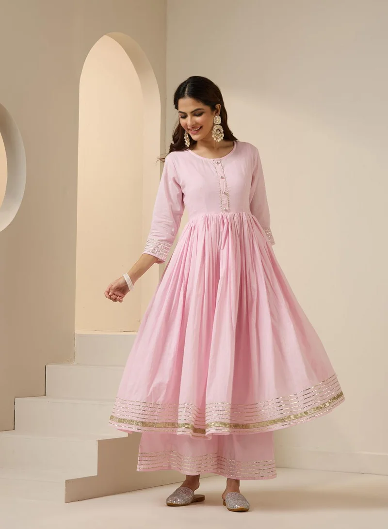 ISHIN Women's Pink 100% Cotton Embroidered Tunic Full Length Palazzo Straight Fit Kurta Set