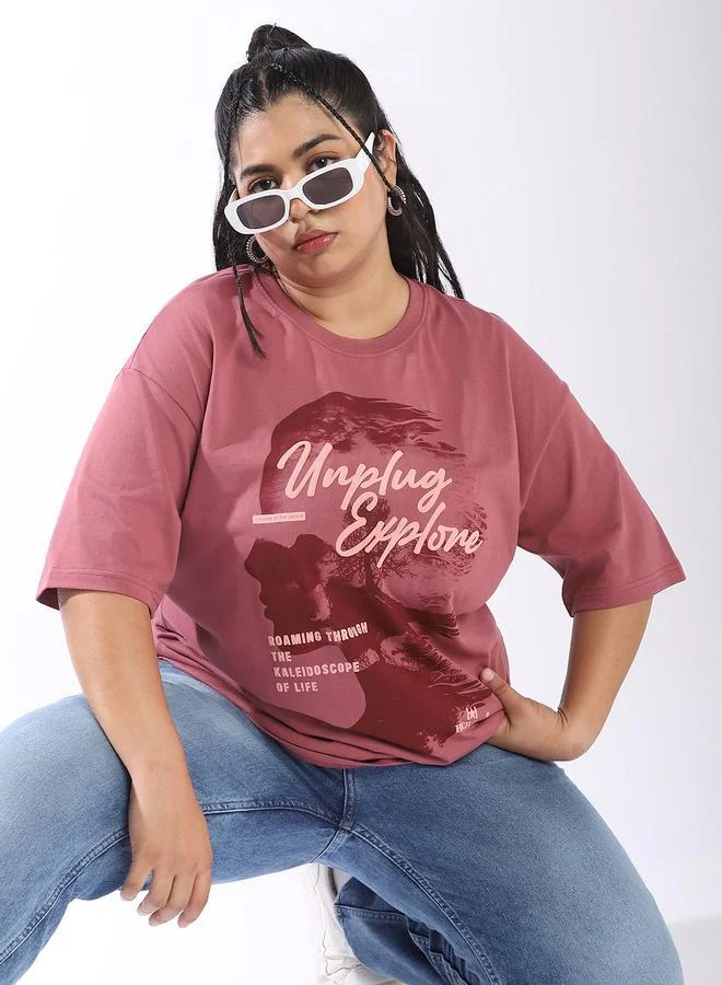 HIGH STAR Women'S Rust 100% Cotton Printed Plus Size Oversized T-Shirt