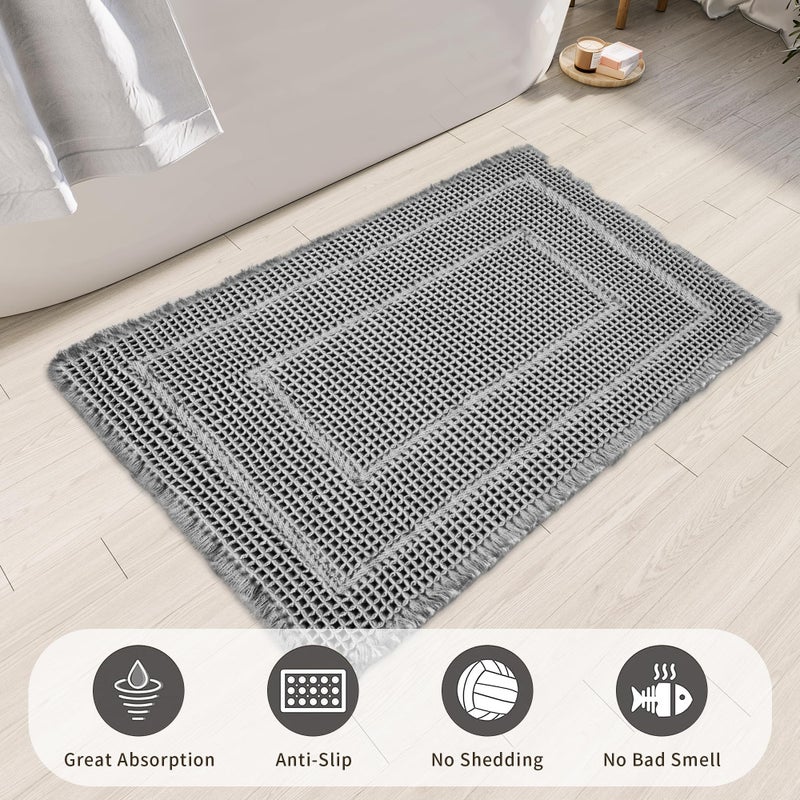 BULULOM Bath Mats for Bathroom Non Slip Waffle Luxury Bath Mat Machine Washable Bath Mat for Shower Ultra Soft Bathmat Gray 17"" x 24"" - Image 1