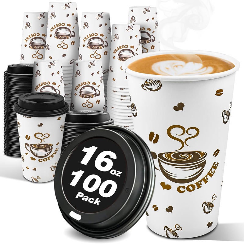 Ginkgo 100 Pack Disposable Paper Coffee Cups with Lids 16 oz To Go Hot Cups for Hot CoCoa Chocolate and Drinks