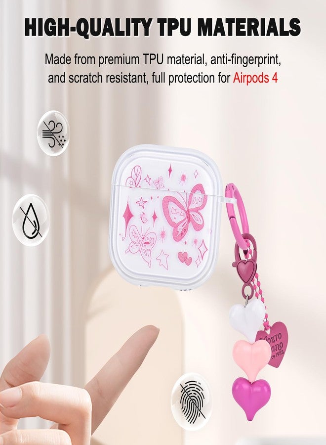 CameCosy حافظة فراشة لسماعات Airpods الجيل 4 (2024) مع سلسلة مفاتيح على شكل قلب، تصميم فراشات وردية لطيف للنساء والفتيات، غطاء واقي مضاد للصدمات من TPU الناعم لسماعات Airpods الجيل الرابع - Image 4