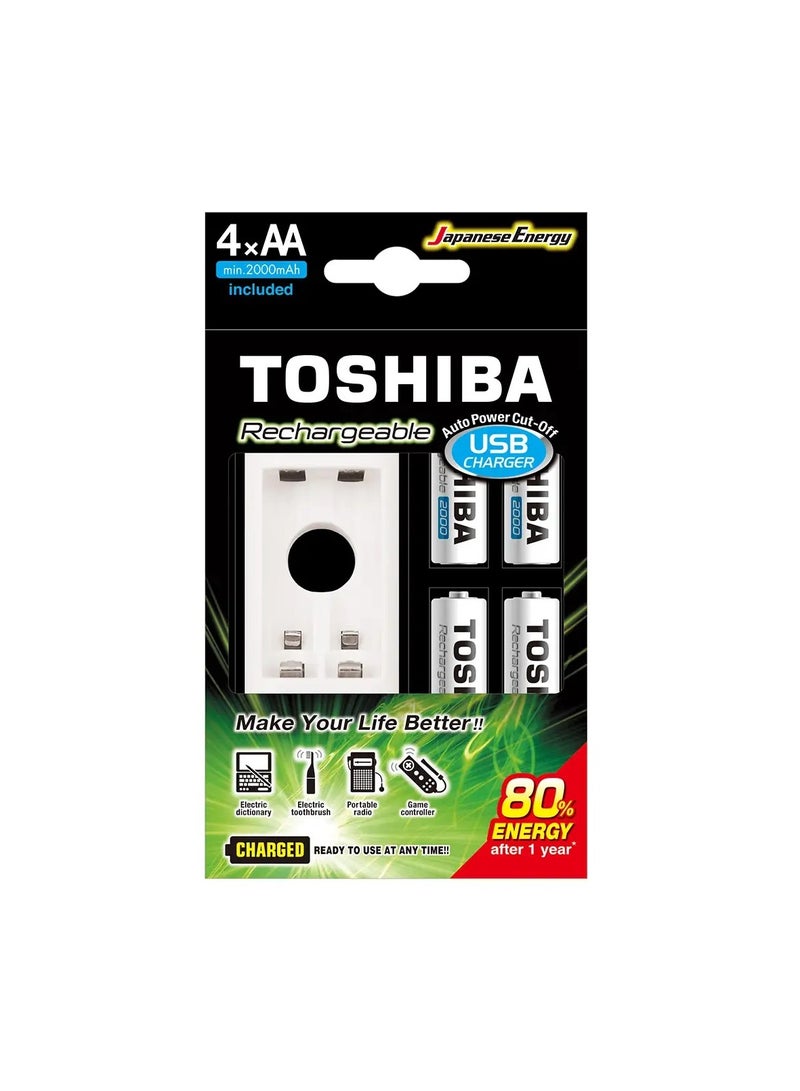Toshiba Rechargeable Usb Battery Charger With 4 Aa Batteries